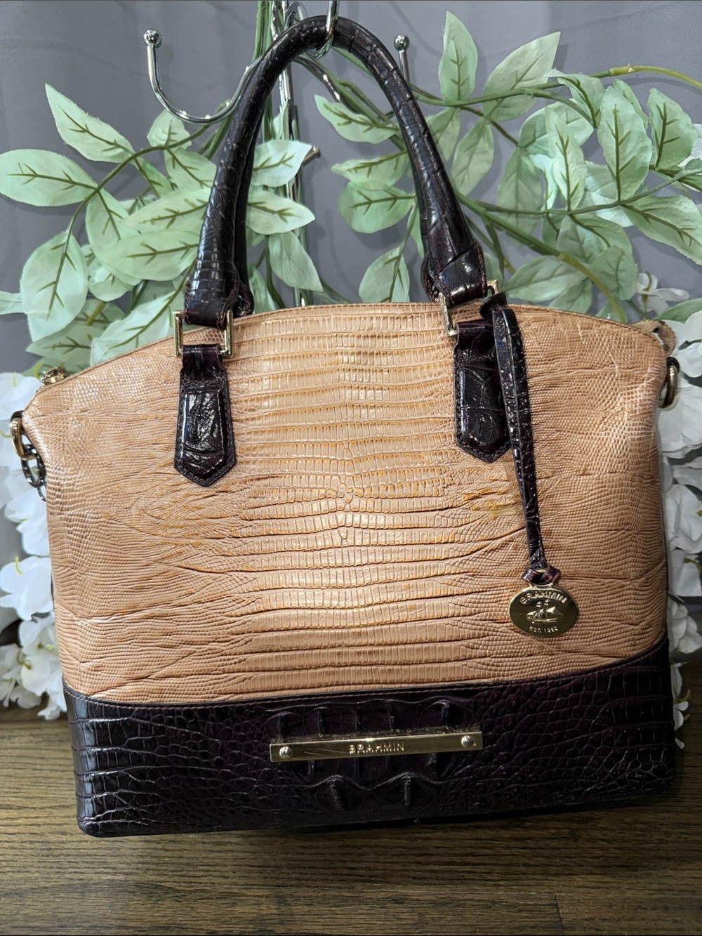 Brahmin Two-Tone Faux Croc Satchel - Tan & Dark Brown EUC